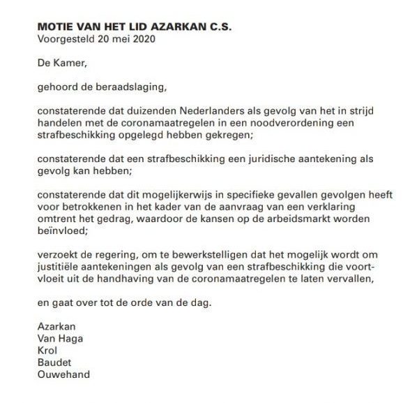 Motie strafblad coronaboete